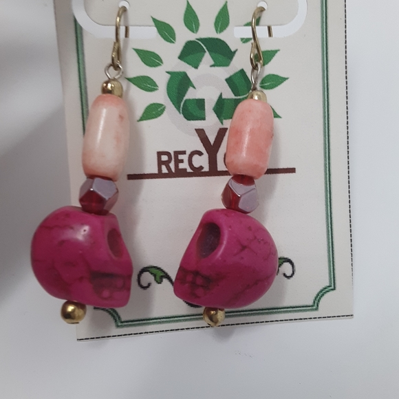 Handmade Pink Skull Earrings With Repurposed Beads - Picture 5 of 8
